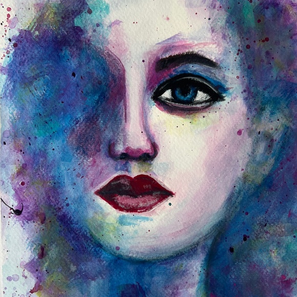 Enchantment Abstract Acrylic Watercolor Effect Painting of Woman's Face - Picture 2 of 13